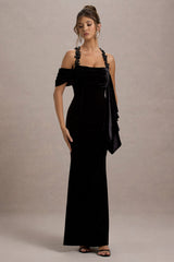 Charlize | Black Velvet Halter-Neck Draped Maxi Dress