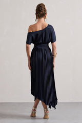 India | Navy Satin Asymmetric Plisse Maxi Dress