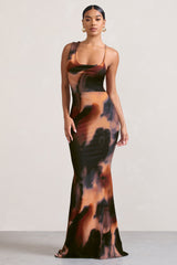 Phantasy | Orange Smoke Print Asymmetric Neckline Cowl Maxi Dress