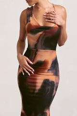 Phantasy | Orange Smoke Print Asymmetric Neckline Cowl Maxi Dress