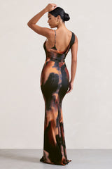 Phantasy | Orange Smoke Print Asymmetric Neckline Cowl Maxi Dress