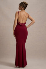 Francoise | Berry Cowl Neck Backless Maxi Dress With Lace Insert