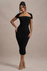 Paxos | Black Ruched Short-Sleeve Midi Dress