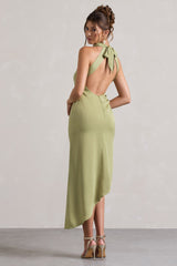 Sophina | Light Olive Satin Cowl-Neck Asymmetric Midi Dress
