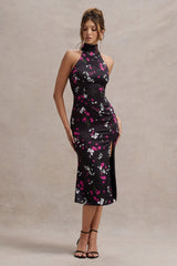 Violette | Black Ditsy Floral Print Satin High-Neck Split Midi Dress