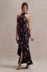 Melodia | Black Ditsy Floral Print Satin Halter-Neck Ruffled Maxi Dress
