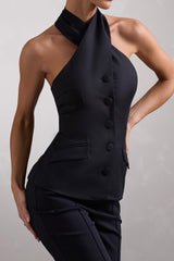 Remi | Black Cross Halter Neck Sleeveless Tailored Top