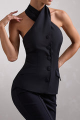 Remi | Black Cross Halter Neck Sleeveless Tailored Top