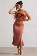 One And Only | Rust Satin Feather Trim Bandeau Midi Dress
