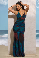 Clio | Blue Print Halter-Neck Chiffon Maxi Dress