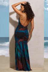 Clio | Blue Print Halter-Neck Chiffon Maxi Dress