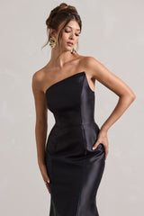 Define | Black Satin Asymmetric Fishtail Maxi Dress