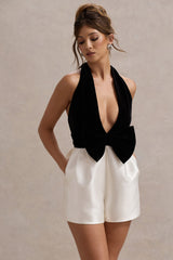 Rea | Black & White Velvet Plunge Neck Playsuit With Bow