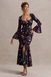 Catalonia | Black Ditsy Floral Print Chiffon Long-Sleeve Split Maxi Dress