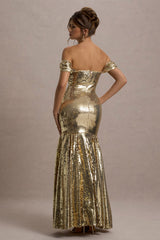 Guest Of Honour | Gold Sequin Bardot Maxi Dress