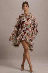 Abelia | Cream Floral Print High-Neck Cape-Sleeve Chiffon Mini Dress