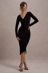 Lilia | Black Ruched Asymmetric Midi Dress