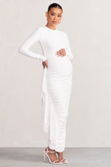 Kiara | White Long Sleeve Ruched Maternity Midi Dress with Frill Detail