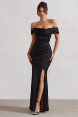 Kimberly | Black Bardot Satin Maxi Dress