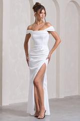 Kimberly | White Bardot Satin Maxi Dress
