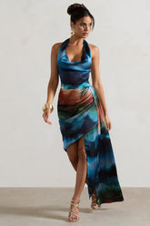 Bali | Blue Blur Print Satin Cowl-Neck Draped Midi Dress
