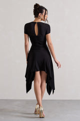 Corsica | Black Gathered Mesh Long-Sleeve Draped Mini Dress