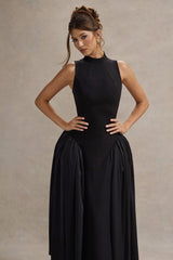 Napoli | Black High-Neck Volume-Skirt Midi Dress