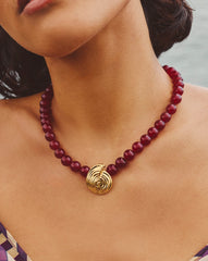 Spiral Gemstone Beaded Pendant Necklace | 18k Gold Plated/Dark Cherry Crystal Quartz