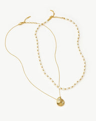 Spiral Pendant Necklace & Pearl Beaded Choker Set | 18k Gold Plated / Pearl