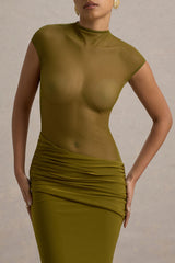 Asia | Green Sheer Short-Sleeve Draped Maxi Dress