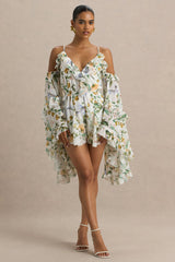 Anaya | White Botanical Print Chiffon Playsuit With Long Sleeves