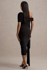 Vallea | Black One-Shoulder Draped Midi Dress