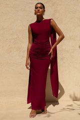 Saige | Burgundy Cap-Sleeve Gathered Maxi Dress
