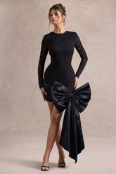 Evry | Black Lace Long-Sleeve Mini Dress With Oversized Satin Bow