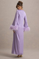 Adella | Lilac Satin Feather-Trim Maxi Dress
