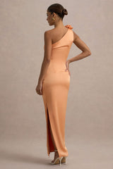 Janette | Peach Satin One-Shoulder Split Maxi Dress With Corsage