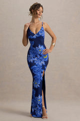 Farah | Blue Floral Print Plunge Neck Maxi Dress With Split Detail