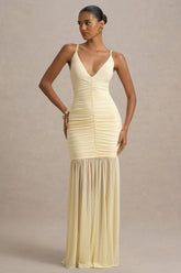 Pasqualina | Pale Lemon Ruched Plunge-Neck Maxi Dress