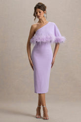 Victory | Lilac One Shoulder Midi Dress With Feather Trim
