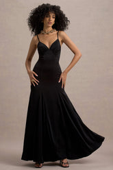 Ashly | Black Satin Maxi Dress With Volume Hem