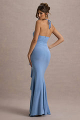 Lucena | Powder Blue Cowl-Neck Wrap Maxi Dress With Floral Drape