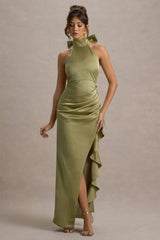 Maureen | Light Green Satin High-Neck Draped Maxi Dress