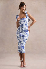 Cordelia | Blue Porcelain Print Bodycon Midi Dress With Bow Straps