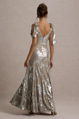 Lula | Champagne Metallic Plunge-Neck Maxi Dress With Bow Straps