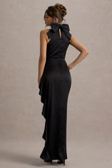 Maureen | Black Satin High-Neck Draped Maxi Dress