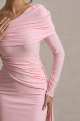 Valina | Pink Ruched Asymmetric Maxi Dress With Drape