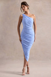 Dorit | Sky Blue One Shoulder Asymmetric Ruched Midi Dress