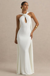 Rhoda | White Twist Halter-Neck Cape Maxi Dress
