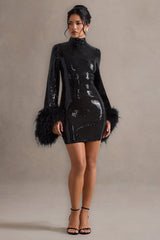 Cupid | Black Sequin High-Neck Mini Dress With Feather Cuffs