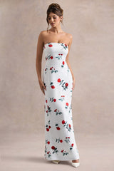 Azra | Rose Print Satin Bandeau Maxi Dress